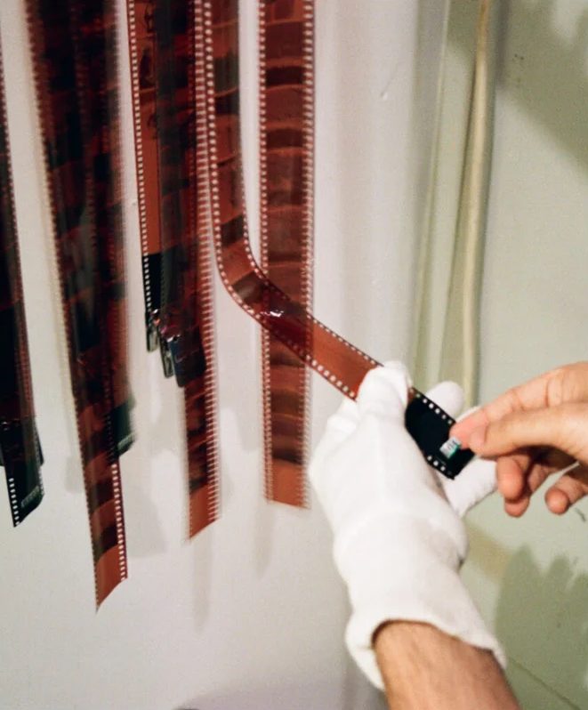 Freshly processed colour negatives hanging to dry, handled with white gloves