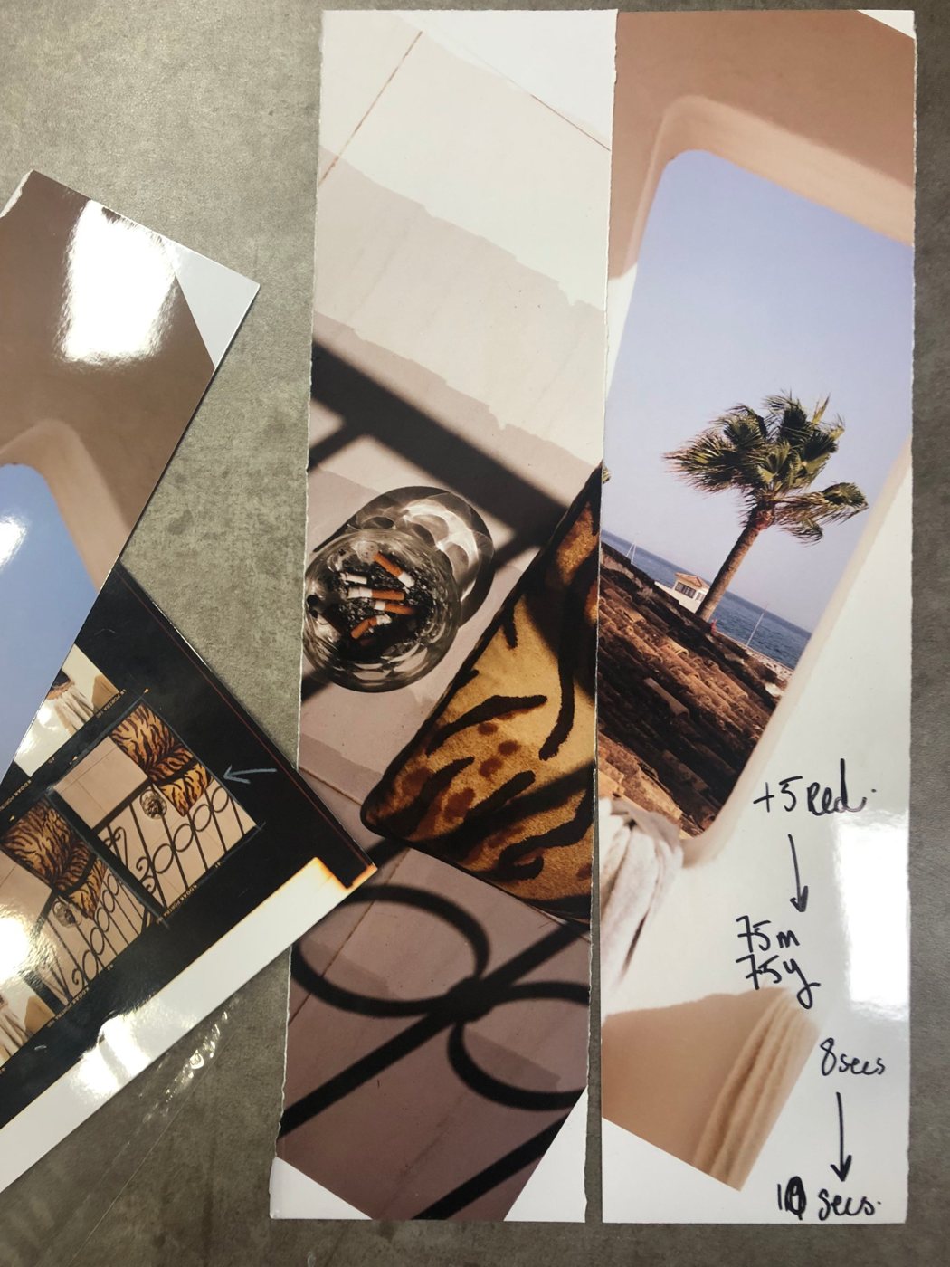 Colour test strips with handwritten filtration and exposure notes next to a contact sheet